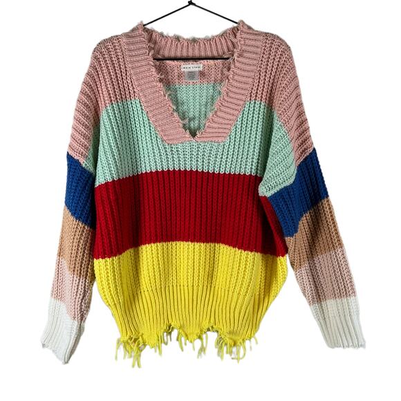 Main Strip Womens Striped V Neck Long Sleeve Distressed Multicolor Sweater S - Picture 1 of 7